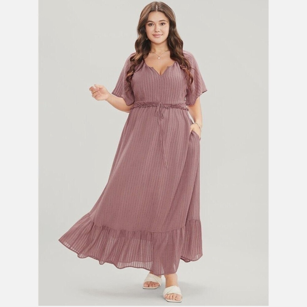 Bloomchic Plus Size Solid Striped Notched Ties Up Pocket Flutter Maxi Dress Pink
